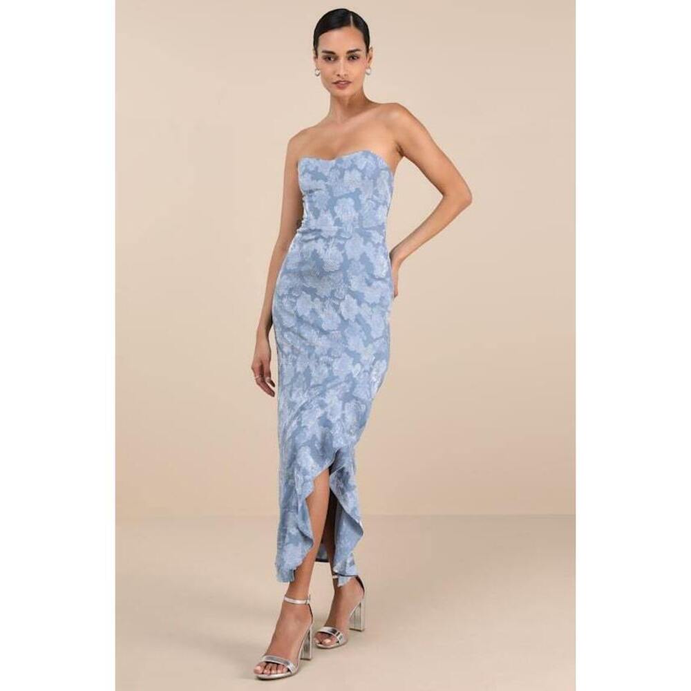 Lulus Mabriella Slate Blue Floral Burnout Ruffled Maxi Dress - Size M